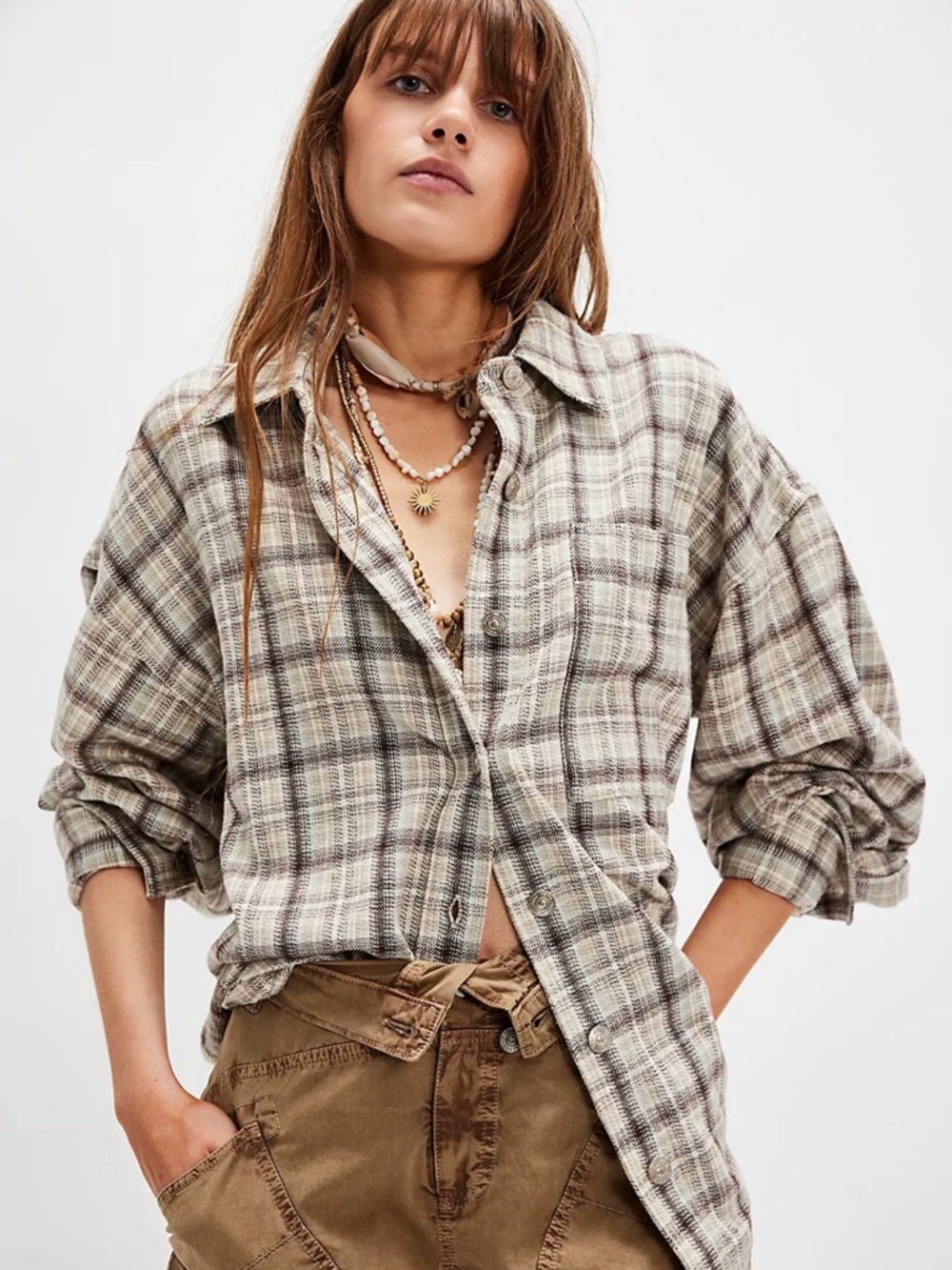 FREE PEOPLE WE THE FREE ASHLEY PLAID SHIRT IVORY COMBO KRISTA Medium